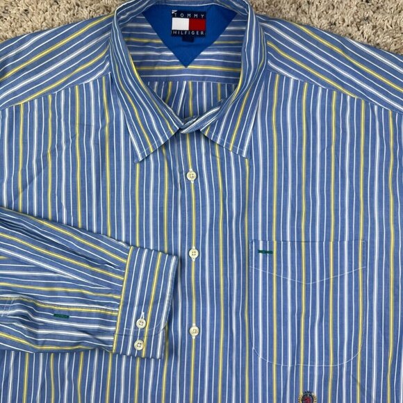Tommy Hilfiger Mens Cotton LS Button Up Blue Yellow Striped Dress Shirt Size XL - Picture 1 of 7